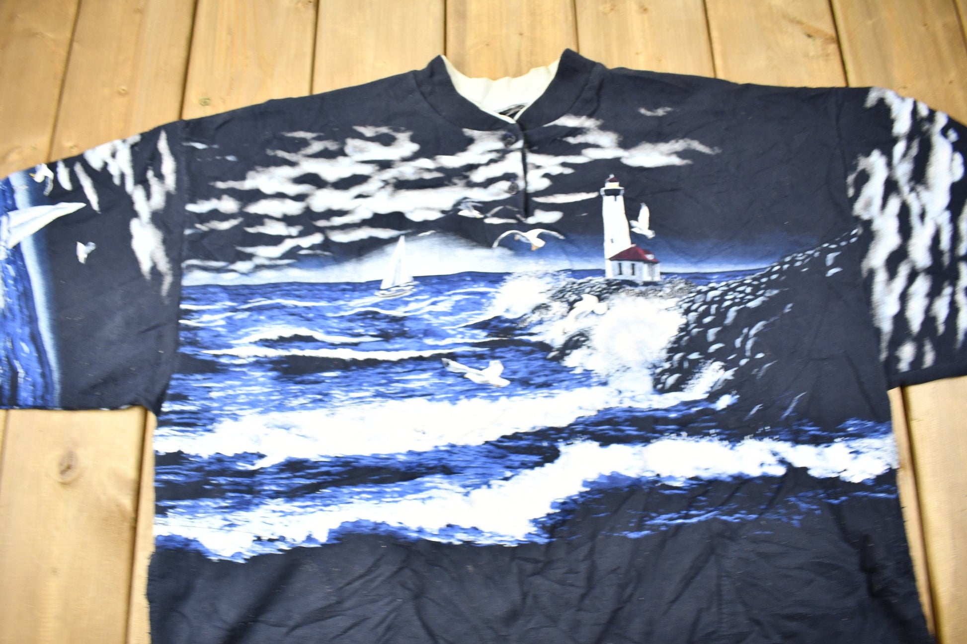 Vintage 1990s Lighthouse Theme All Over Print Henley Sweatshirt