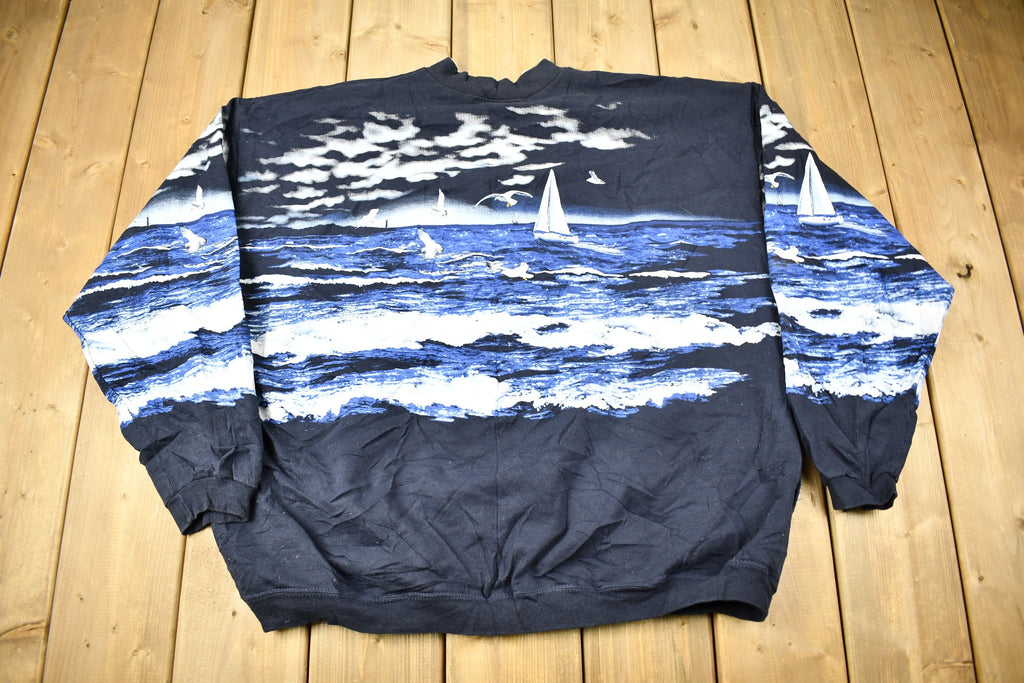 Vintage 1990s Lighthouse Theme All Over Print Henley Sweatshirt
