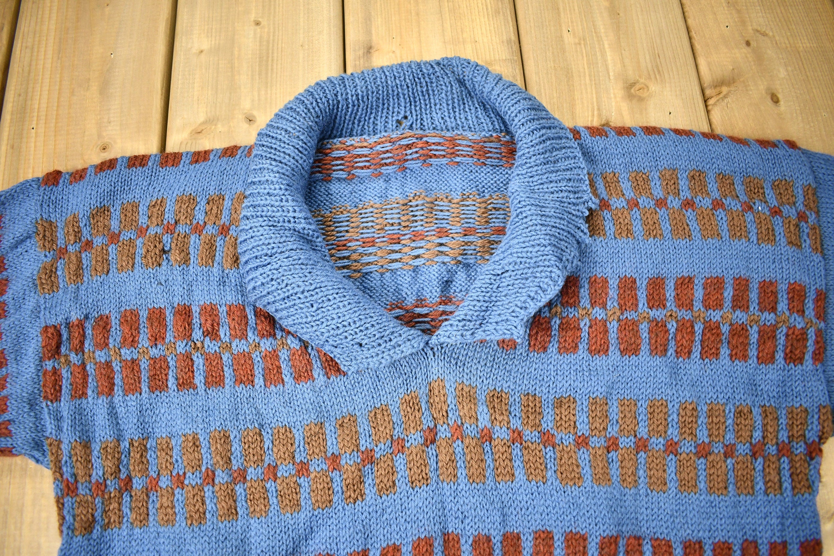 Vintage 1970s Geometric Knitted V-Neck Color Block Sweater