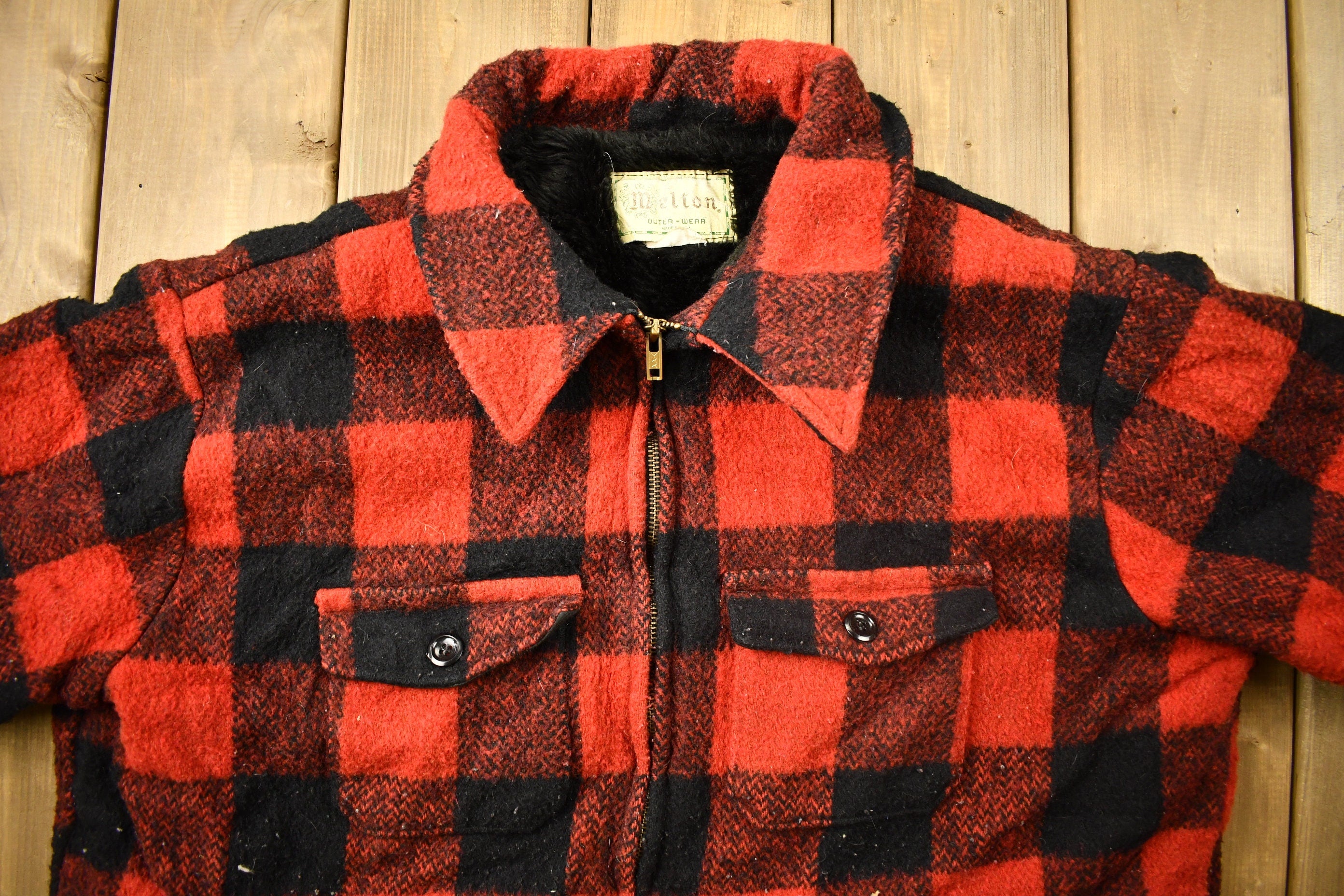 Vintage 1950s Melton Outer-Wear Buffalo Plaid Wool Hunting Jacket