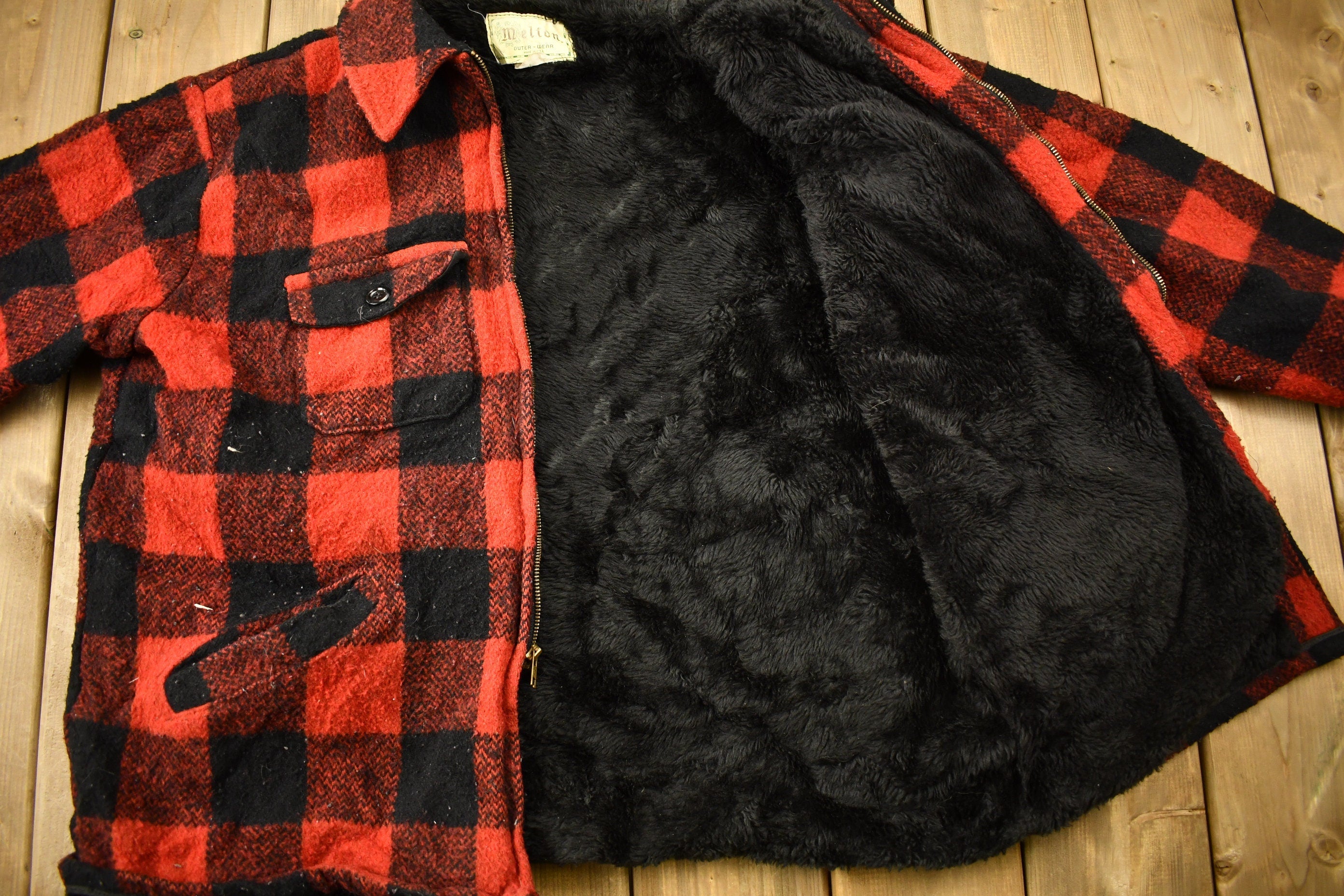 Vintage 1950s Melton Outer-Wear Buffalo Plaid Wool Hunting Jacket
