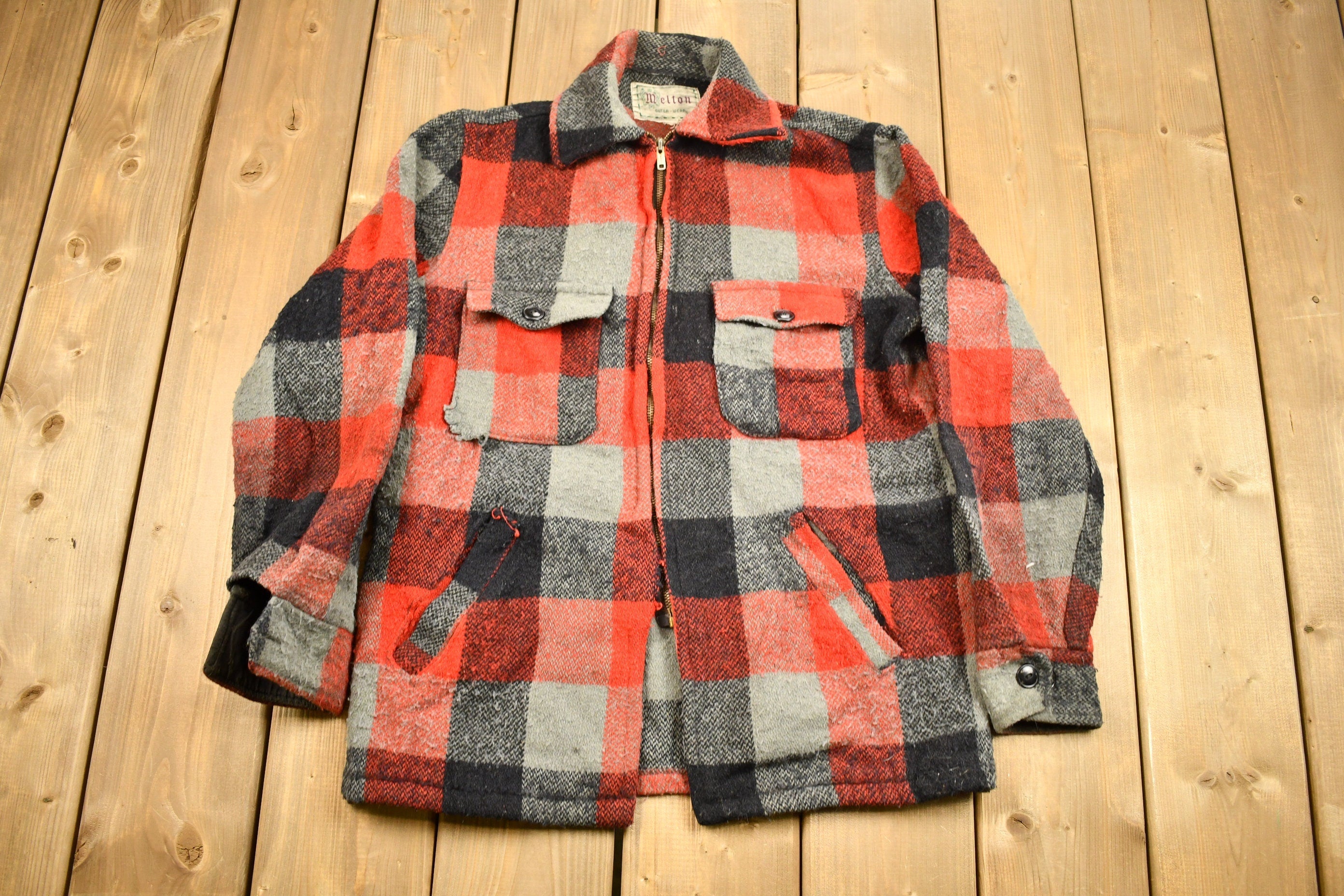 Vintage 1950s Melton Outer-Wear Buffalo Plaid Wool Hunting Jacket