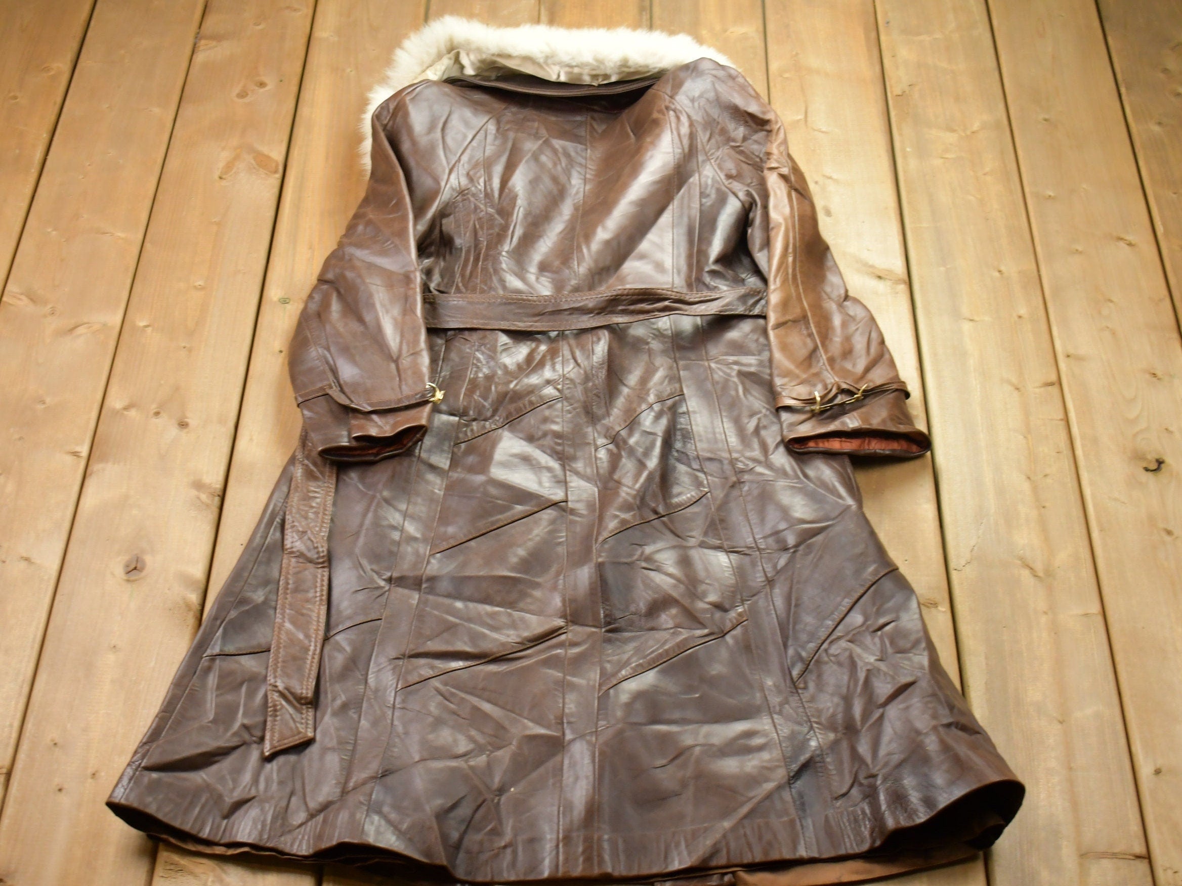 Vintage 1970s Leather Trench Coat With Fox Fur Collar