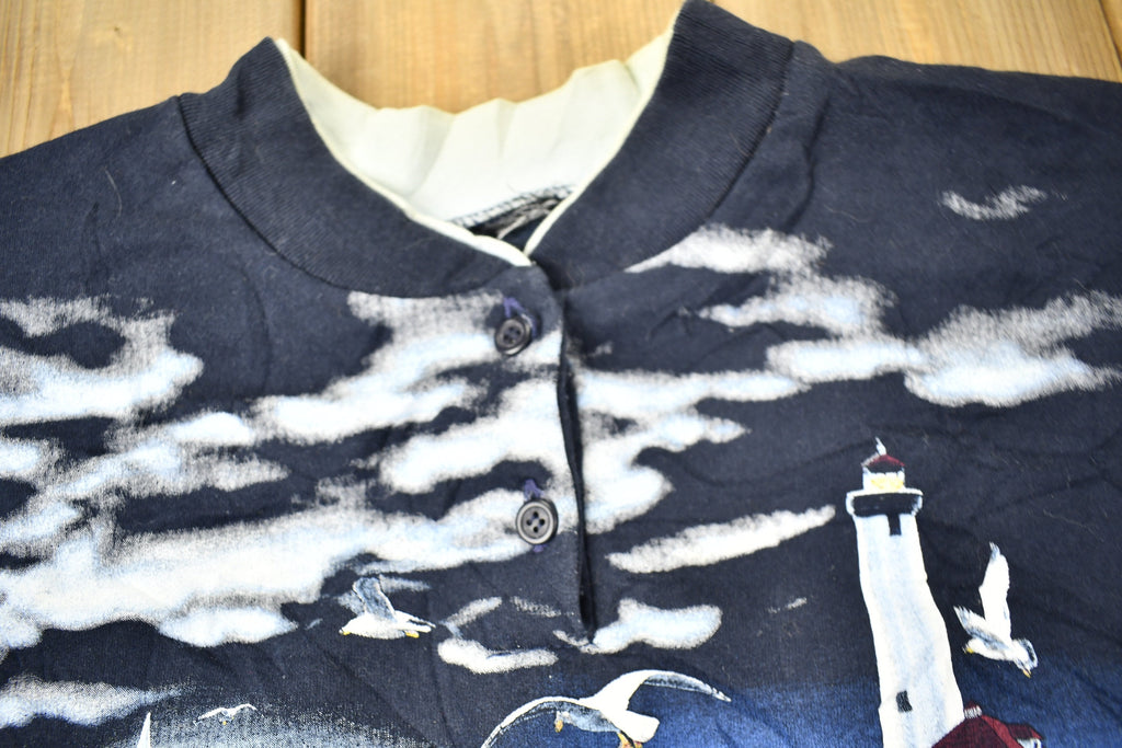 Vintage 1990s Lighthouse Theme All Over Print Henley Sweatshirt