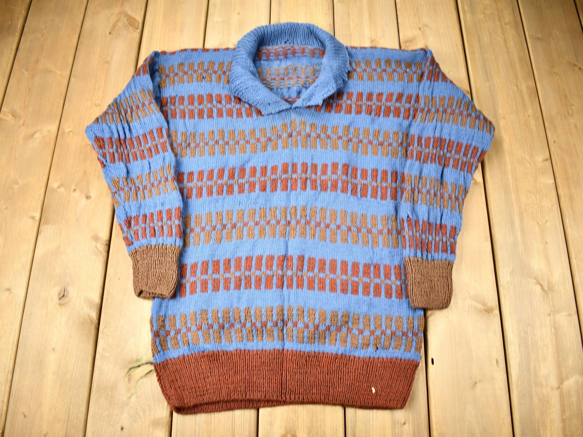 Vintage 1970s Geometric Knitted V-Neck Color Block Sweater