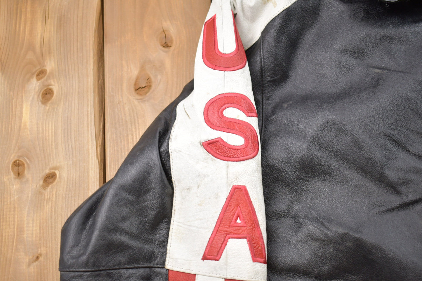 Vintage 1990s Oscar Piel USA Leather Varsity Jacket / Fall Outerwear / Leather Coat / Winter Outerwear / Streetwear Fashion / American Flag