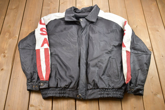 Vintage 1990s Oscar Piel USA Leather Varsity Jacket / Fall Outerwear / Leather Coat / Winter Outerwear / Streetwear Fashion / American Flag