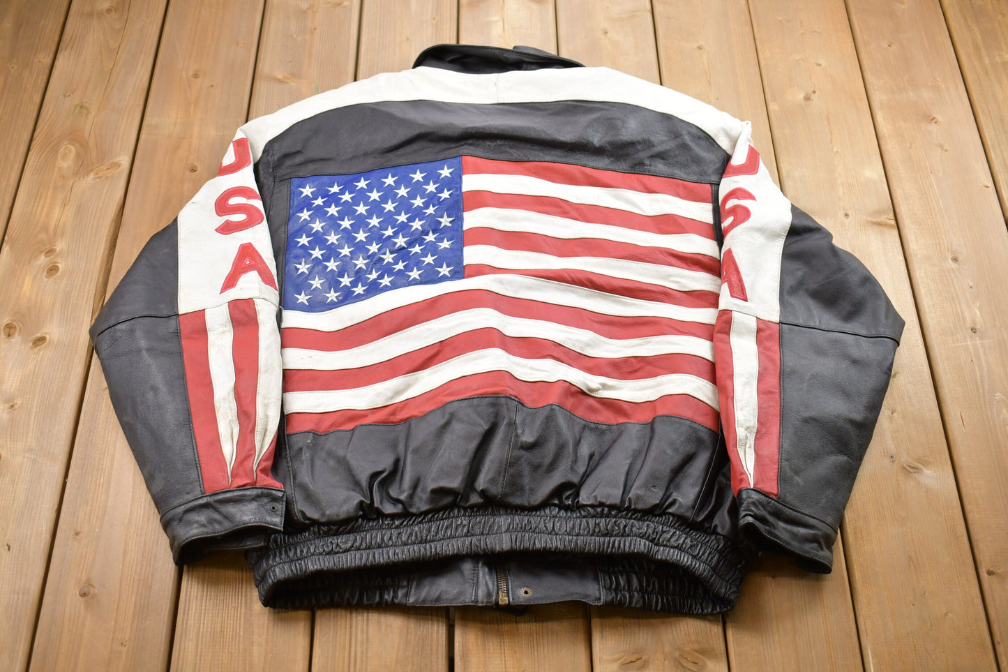 Vintage 1990s Oscar Piel USA Leather Varsity Jacket / Fall Outerwear / Leather Coat / Winter Outerwear / Streetwear Fashion / American Flag