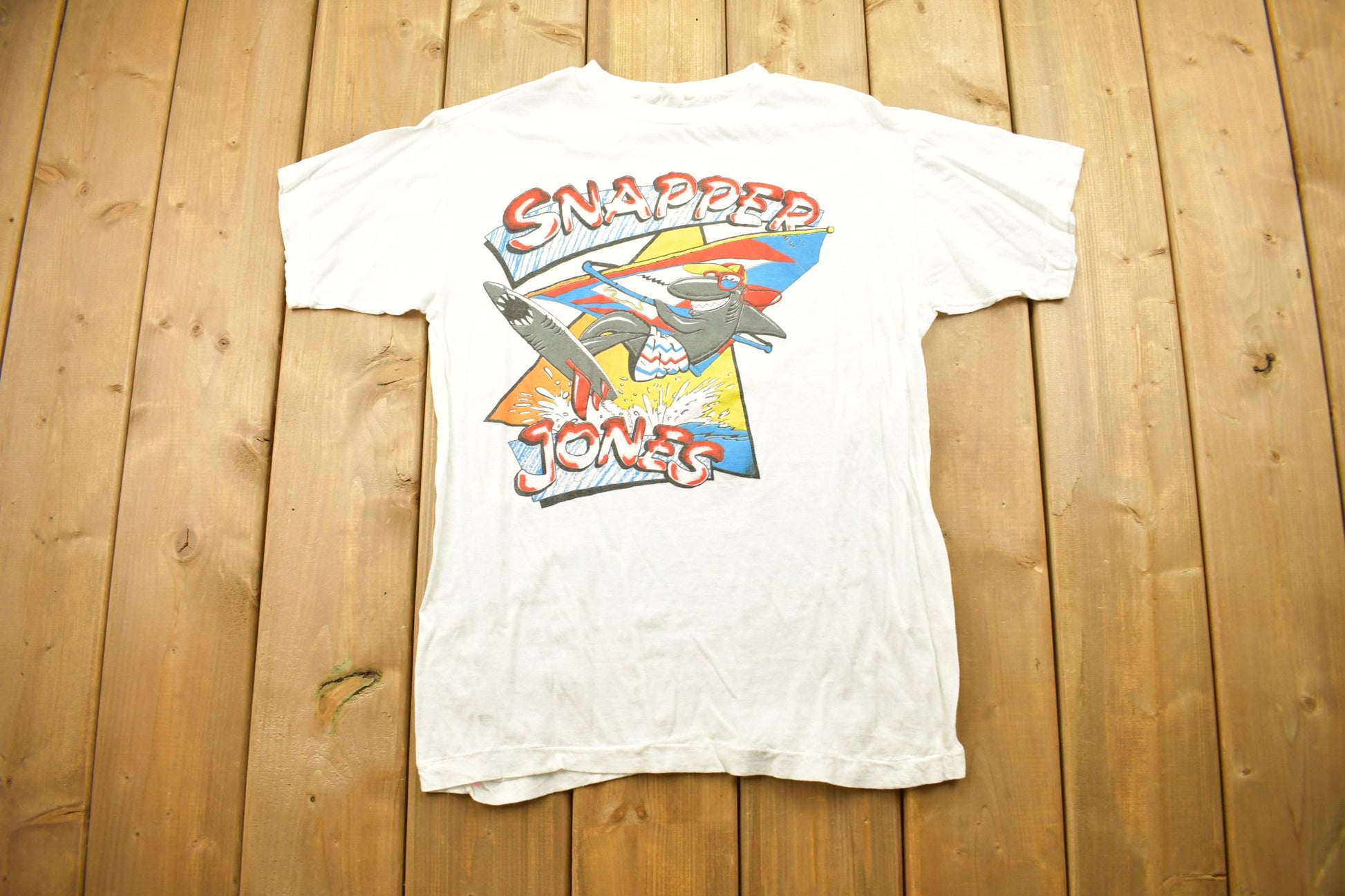 Vintage 1980s Snapper Jones Shark Surfing Graphic T Shirt