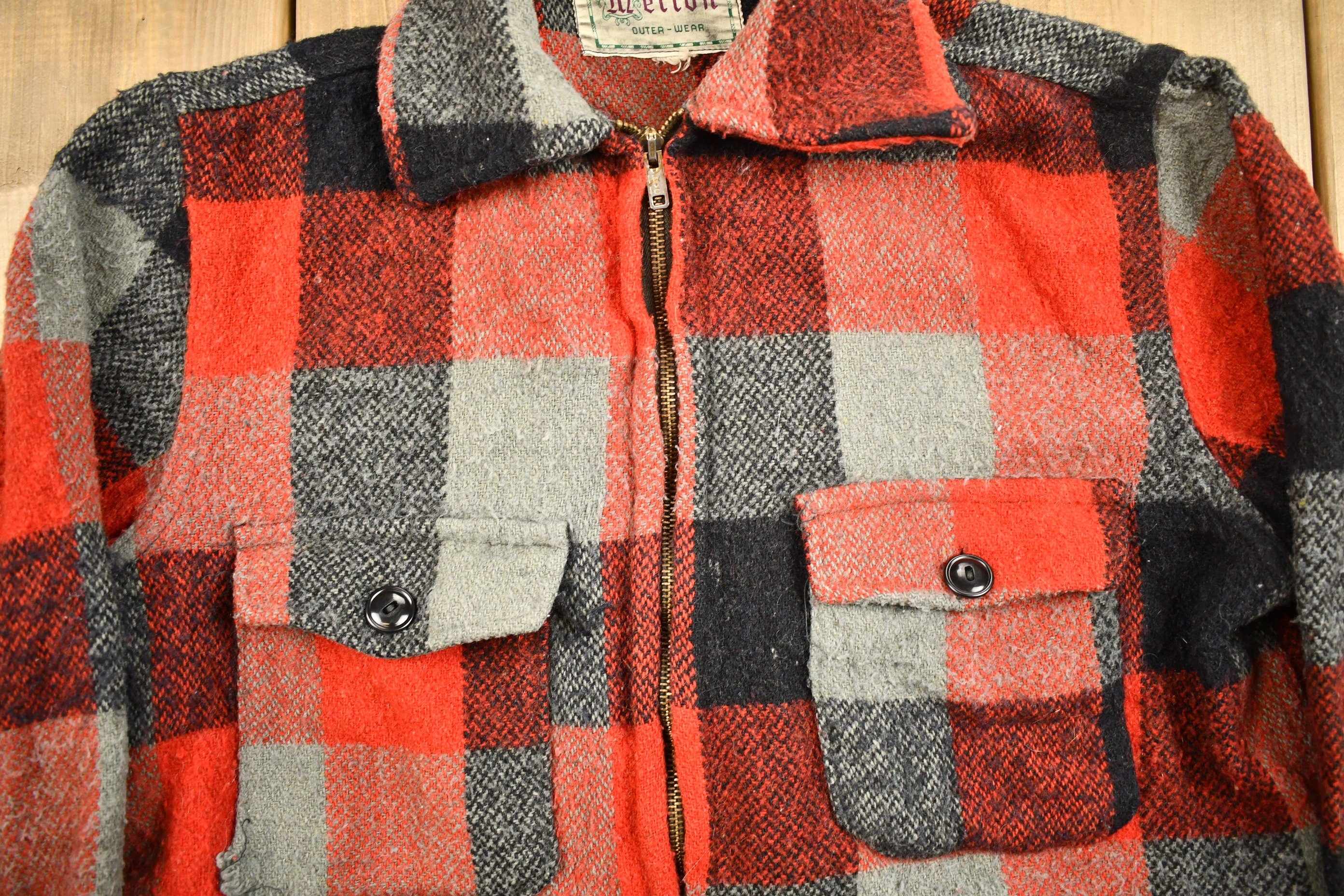Vintage 1950s Melton Outer-Wear Buffalo Plaid Wool Hunting Jacket