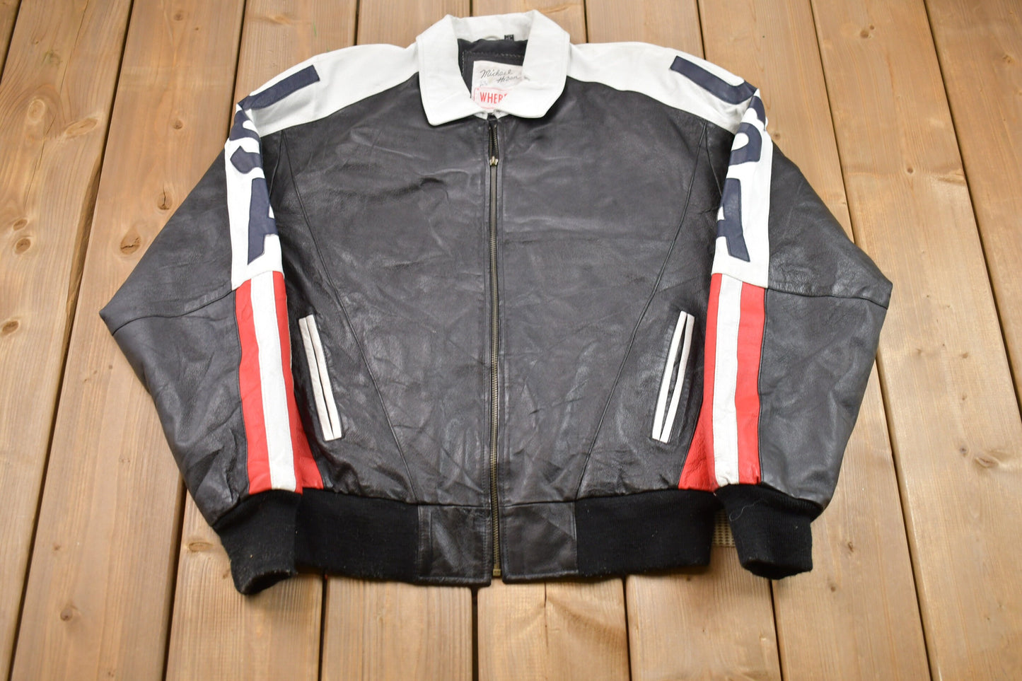 Vintage 1990s Wheremi USA Leather Varsity Jacket / Fall Outerwear / Leather Coat / Winter Outerwear / Streetwear Fashion / American Flag