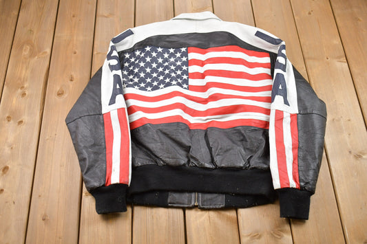 Vintage 1990s Wheremi USA Leather Varsity Jacket / Fall Outerwear / Leather Coat / Winter Outerwear / Streetwear Fashion / American Flag