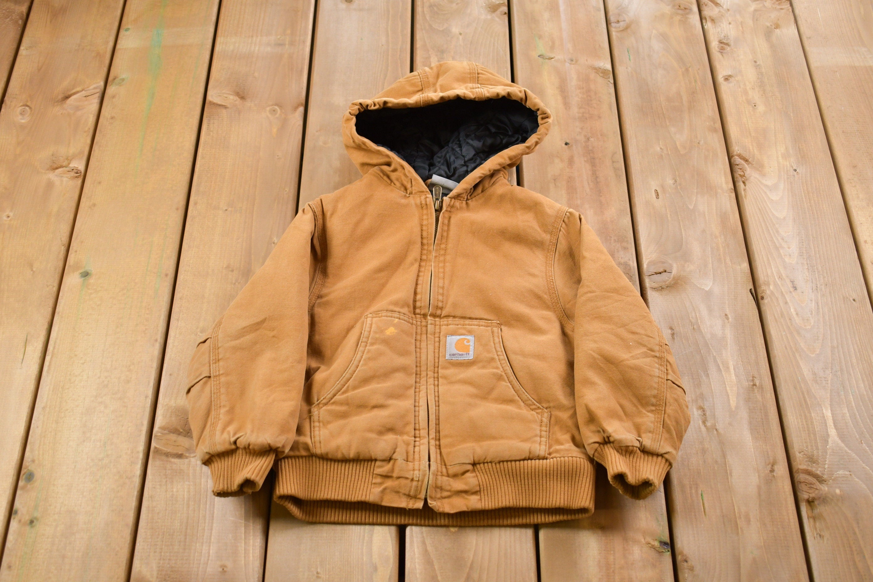 Vintage 1990s Kids Carhartt Hooded Jacket  Workwear  Streetwear  Made In USA  90s  Fleece Lined Jacket  Distressed Carhartt