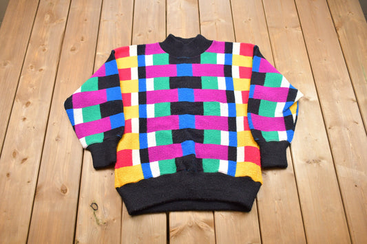 Vintage Flyer Sportswear Multicolor Symmetric Knitted Sweater / Made in USA / Vintage 90s Crewneck / Pattern Sweater / Pullover Sweatshirt