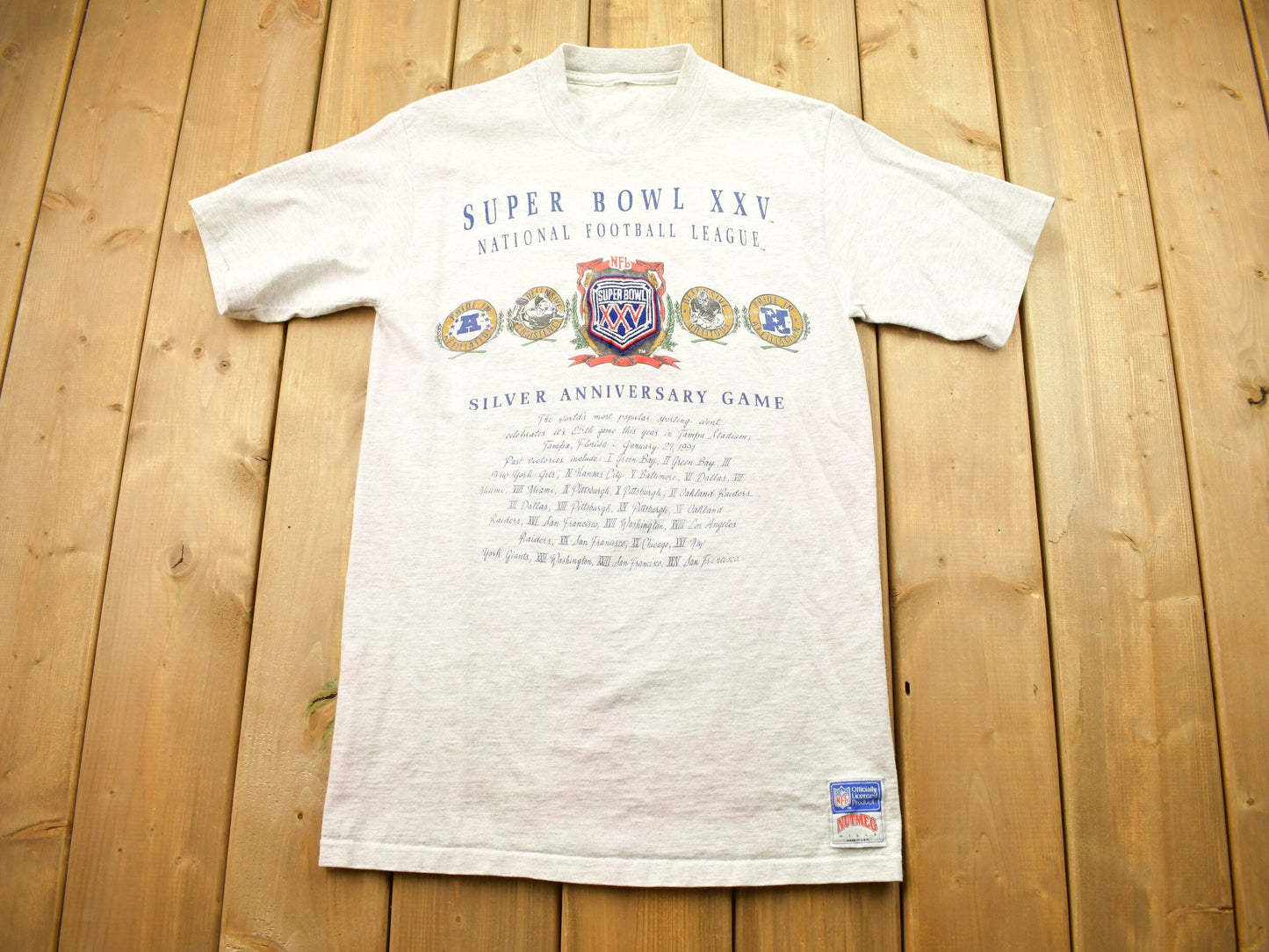 Vintage 1990s NFL Superbowl Graphic T-Shirt / Sportswear / Super Bowl XXV / Single Stitch / Patchwork  / Nutmeg / Made In USA