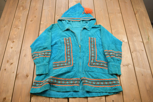 Vintage 1980s Unique Aztec Pom Pom Hoodie / Made in USA / Rare Vintage / 90s Hoodie / Vintage Sweater / 80s / Embroidered / Color Block