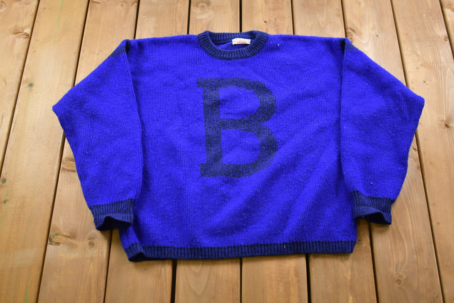 Vintage 1980s Benetton B Shetland Wool Knitted Sweater / Vintage 80s Crewneck / Pattern Sweater / Outdoor / Hand Knit / Pullover Sweatshirt