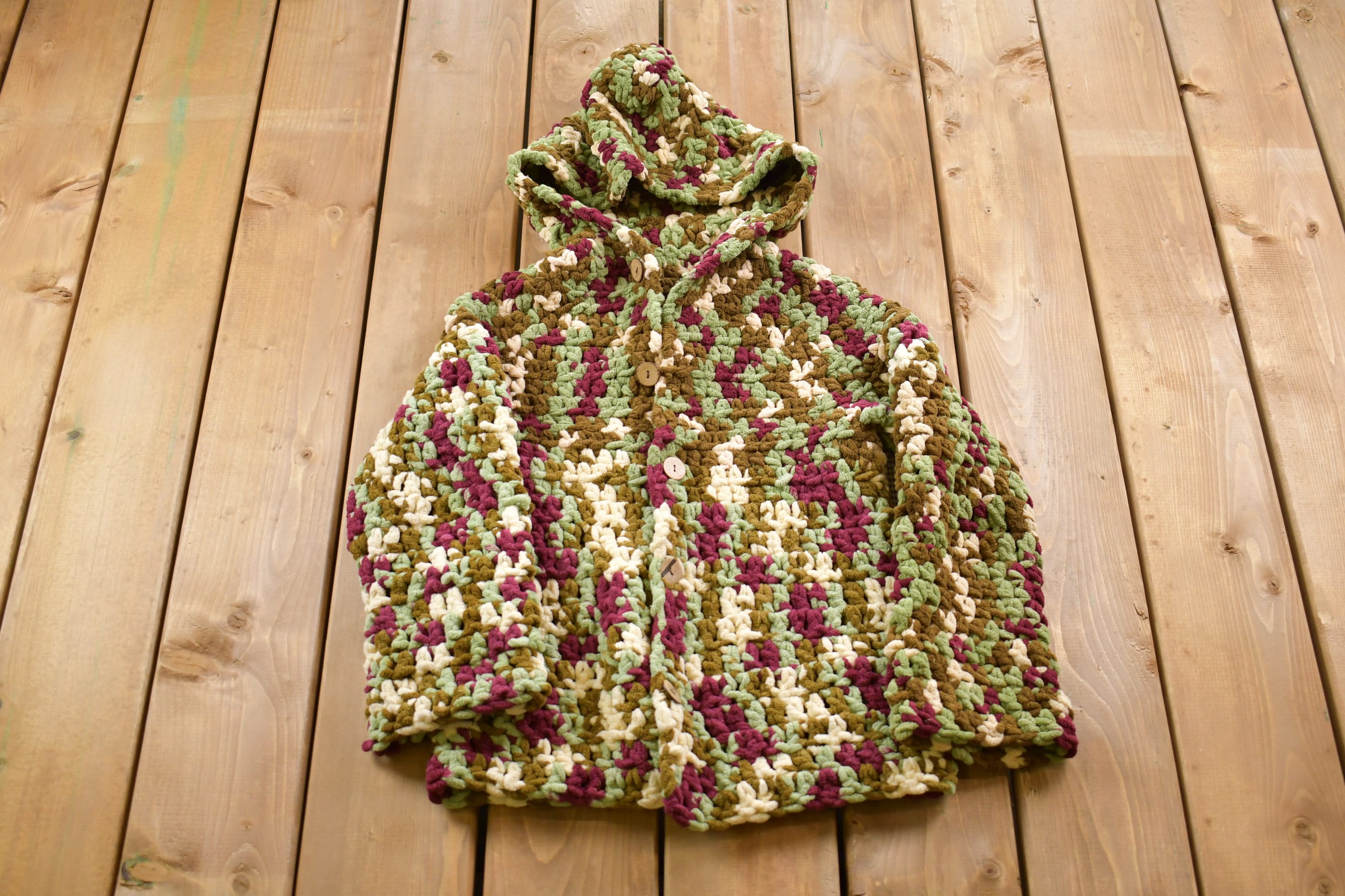 Vintage 1970s Colorful Knitted Hooded Sweater