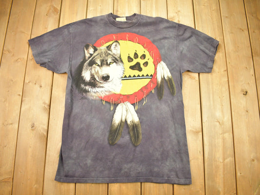 Vintage 2000 The Moutain Native American Wolf Theme T-Shirt / Wolf / Dreamcatcher / All Over Print / Tie Dye / 80s / 90s / Streetwear