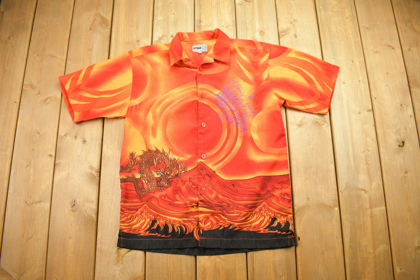 Vintage 1990s All Over Dragon Print Button Up T Shirt / Dragon T Shirt / Fire And Flame T-Shirt / Ricky Shirt