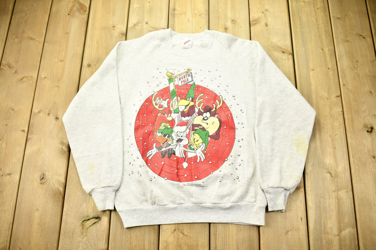 Vintage 1993 Looney Tunes North Pole Christmas Theme Raglan Crewneck / Vintage Sweatshirt / Vintage Warner Bros / Made In USA