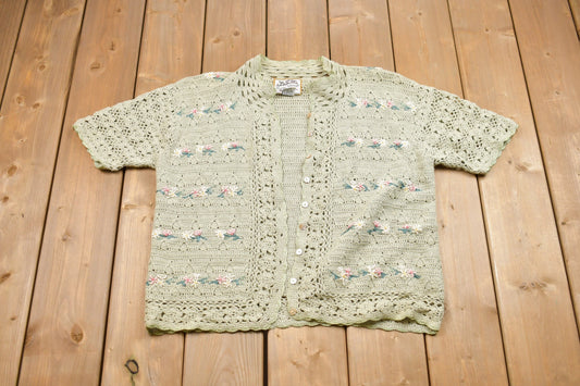 Vintage Heirloom Collectibles Knitted Short Sleeve Sweater / Vintage 90s Button Up Sweater / Pattern Sweater / Outdoor / Hand Knit