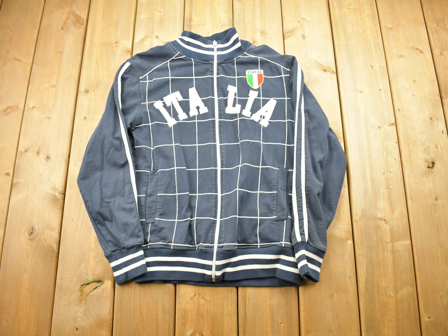 Vintage 1990s Italia Spellout Sweatshirt / Athletic Zip Up / Embroidery Patchwork / Checkerboard Print / Italy Souvenir