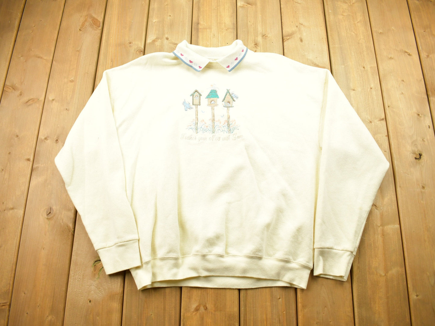 Vintage 1990s Feather Your Nest With Love Crewneck / Cute Bird Sweater / Beige Sweatshirt / Embroidered / Bird Theme