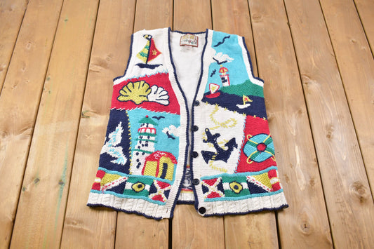 Vintage Knitted Crystal Kobe Sweater Vest / Vintage 90s Crewneck / Pattern Sweater / Outdoor / Hand Knit / Button Up Sweater Vest