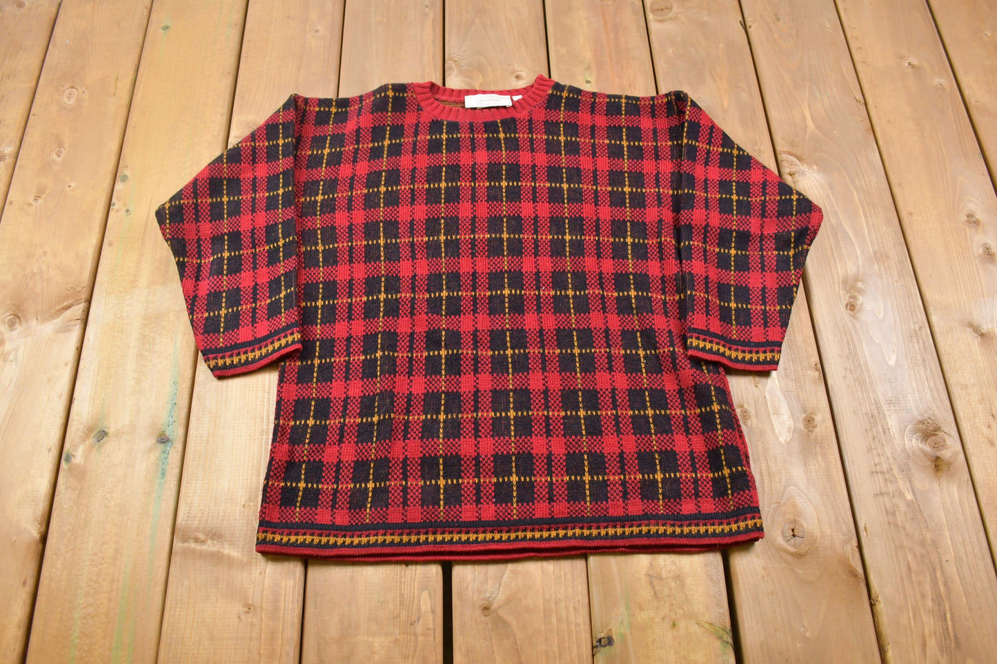 Vintage United States Sweaters Plaid Knitted Sweater / Made Proudly in the USA / Vintage 90s Crewneck / Pattern Sweater / Outdoor