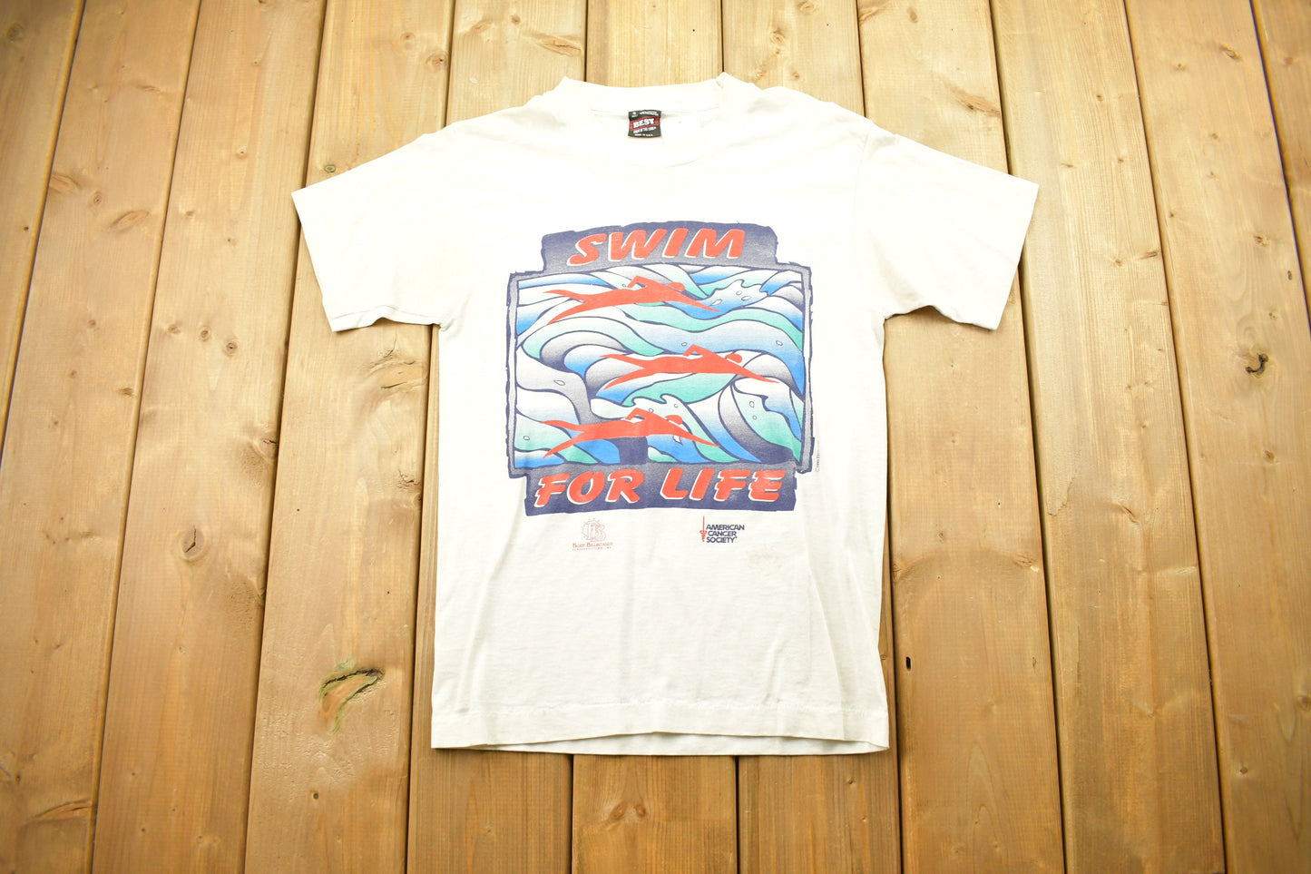 Vintage 1995 Swim For Life American Cancer Society T-Shirt / Abstract Art Graphic / Single Stitch / Made In USA / Sportswear