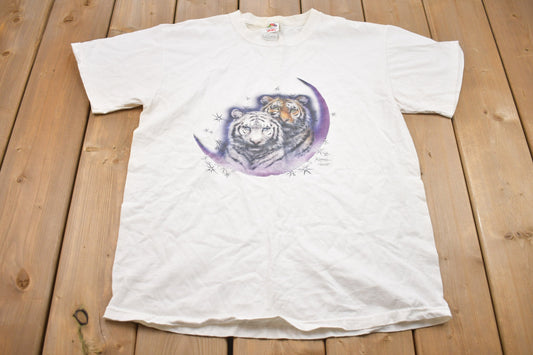 Vintage 1990s Crescent Moon Tigers Graphic T-Shirt / Streetwear / Retro Style / 90s Graphic Tee / Cute Animal Vintage / Tigers / Moon