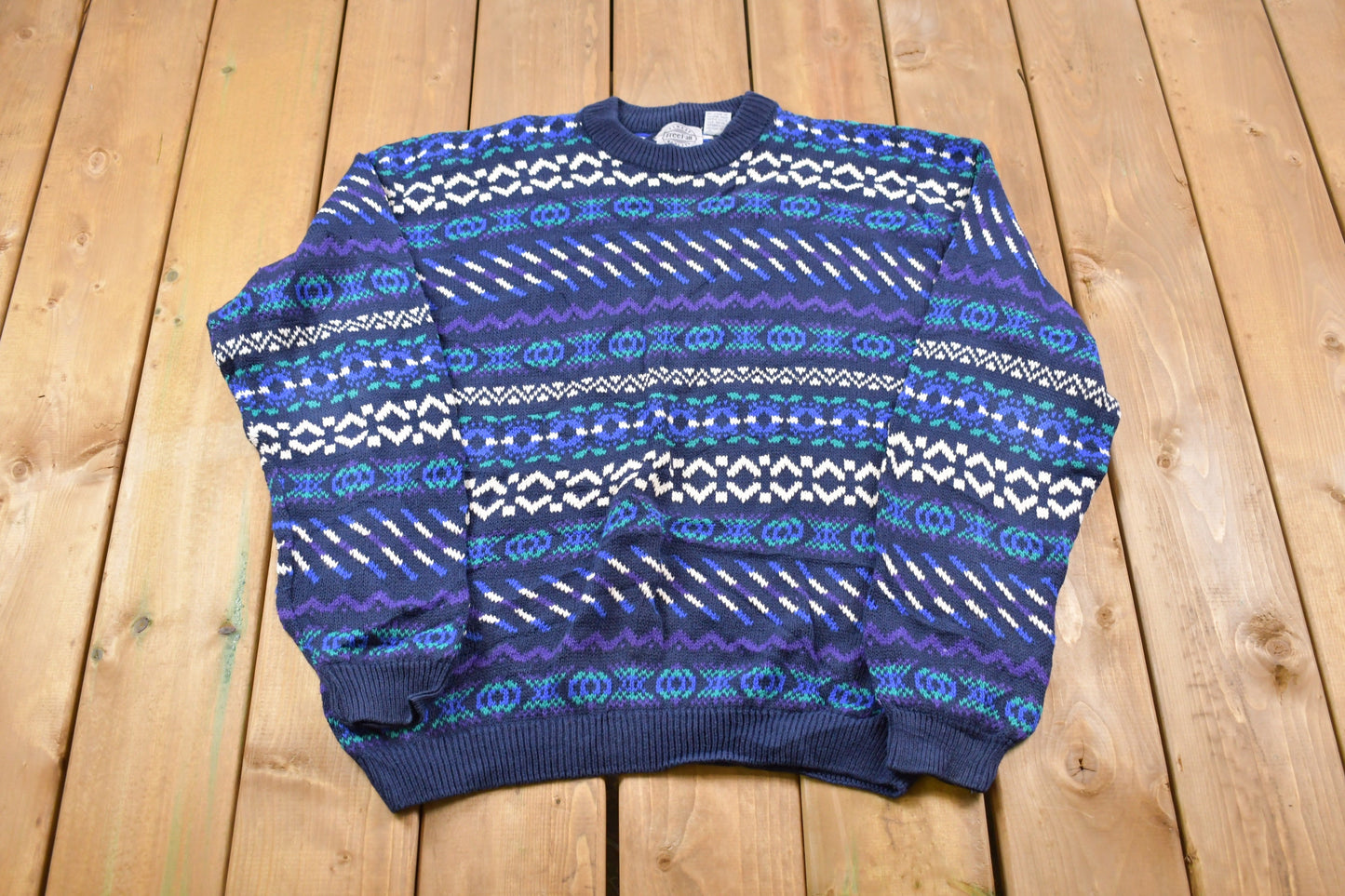 Vintage Free Fall Knitted Sweater / Vintage 90s Crewneck / Pattern Sweater / Outdoor / Hand Knit / Pullover Sweatshirt