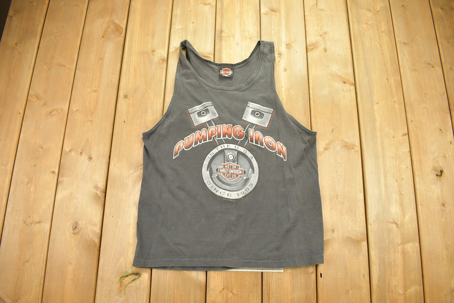 Vintage 1990s Harley Davidson Pumping Iron Tank Top Shirt / Big Twin Aruba / Bald Eagle Print / Streetwear Fashion Made In USA