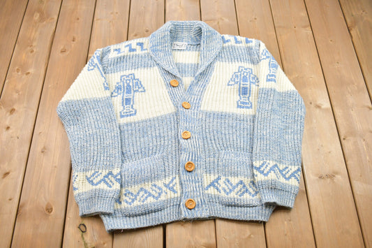 1980s Vintage Knitted Image West Cardigan Sweater / Made in USA / Vintage 90s Crewneck / Pattern Sweater / Outdoor / Hand Knit