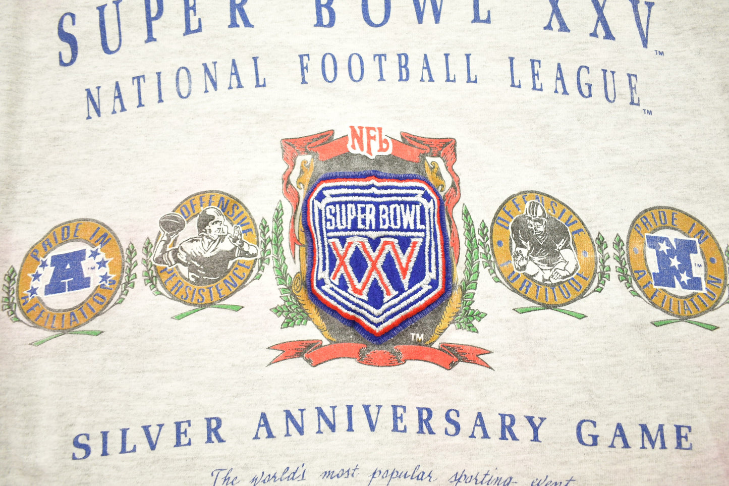 Vintage 1990s NFL Superbowl Graphic T-Shirt / Sportswear / Super Bowl XXV / Single Stitch / Patchwork  / Nutmeg / Made In USA