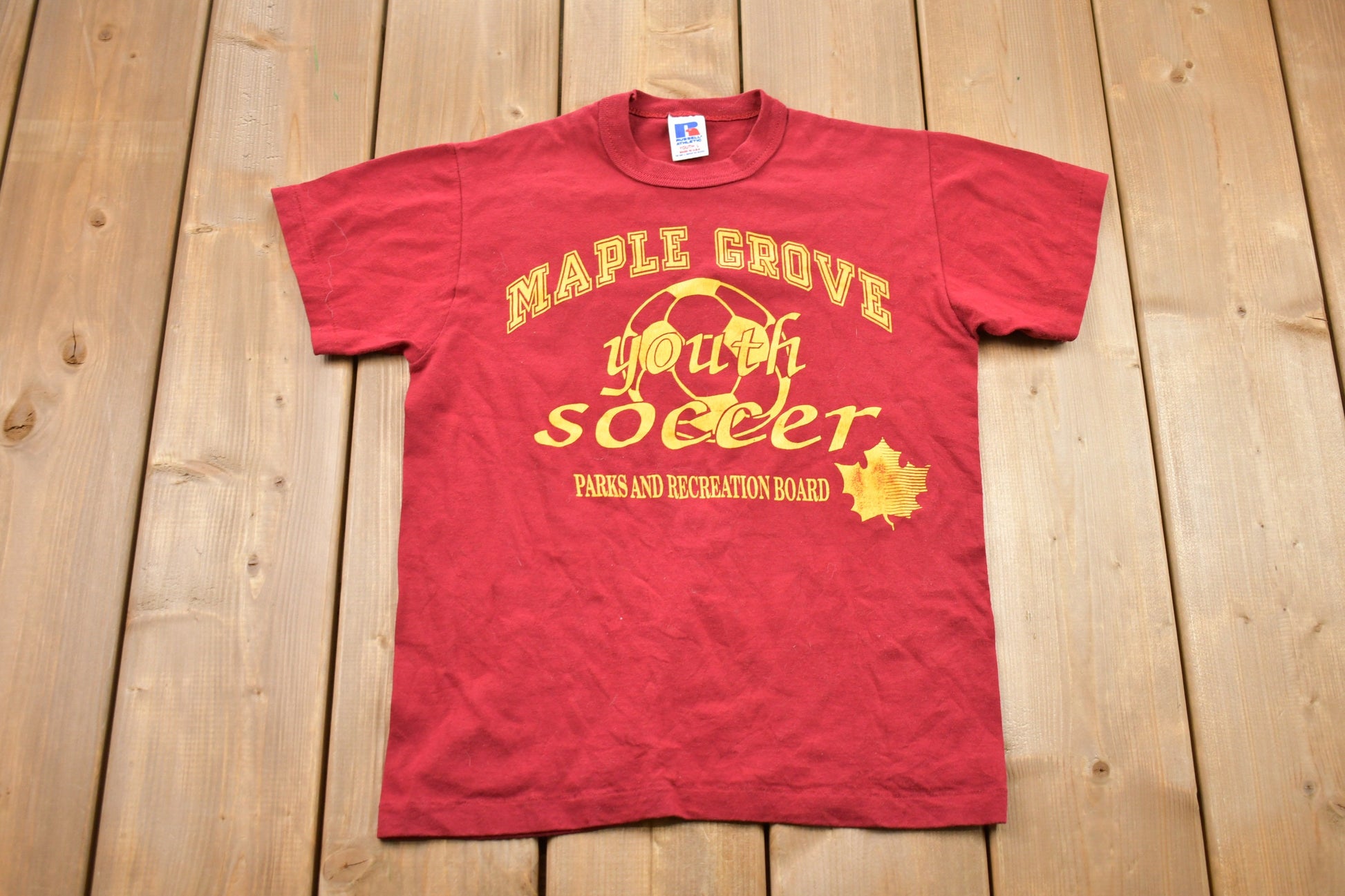 Vintage 1980s Kids Russell Athletic Maple Grove Soccer Graphic T-Shirt
