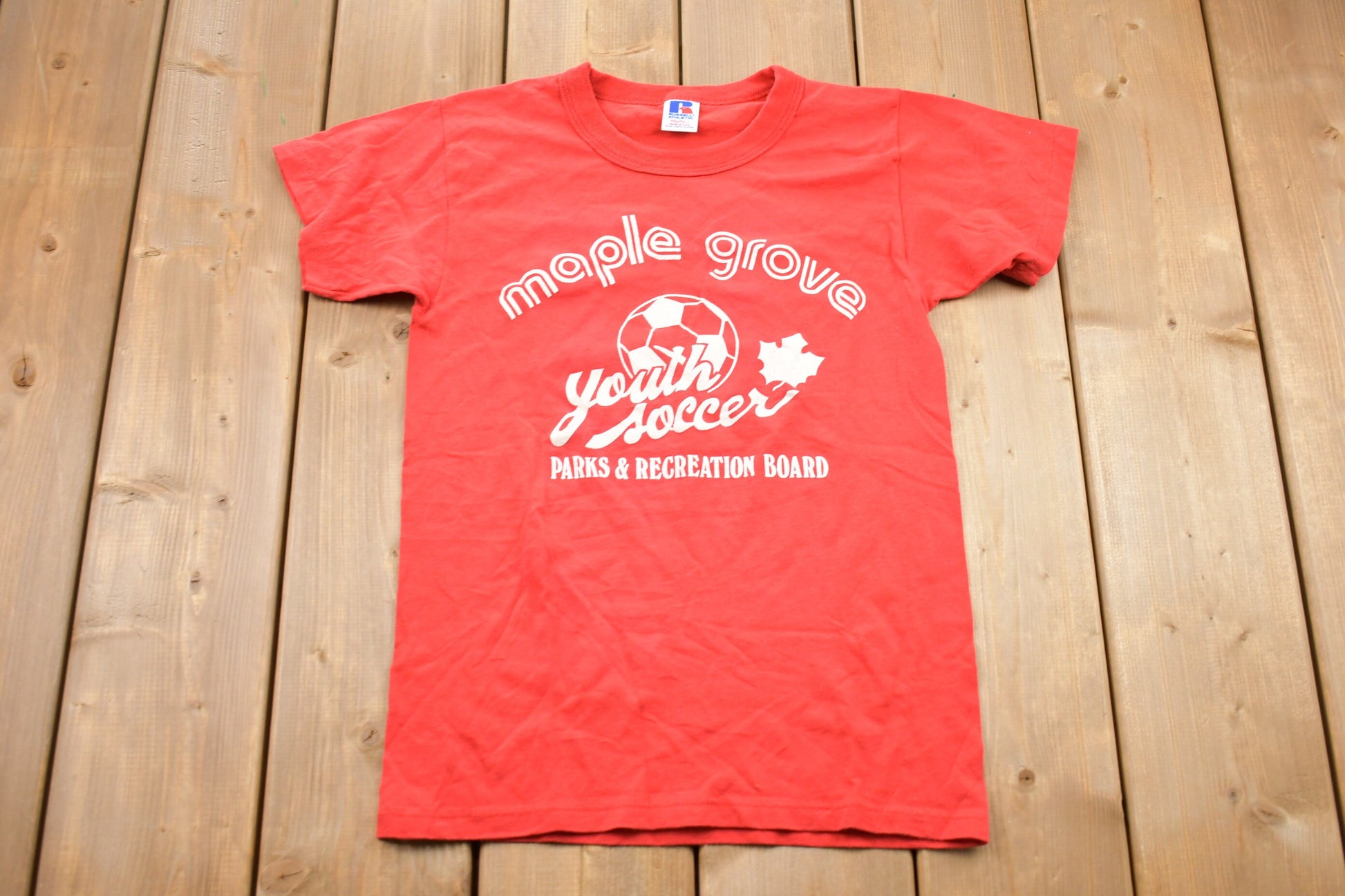 Vintage 1980s Kids Russell Athletic Maple Grove Soccer Graphic T-Shirt