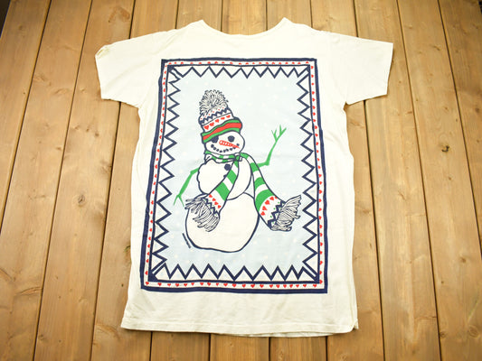 Vintage 1990s Christmas Snowman Single Stitch Lounge T-Shirt / Snowman Graphic / Pajama Shirt / Love & Hearts / Made In USA