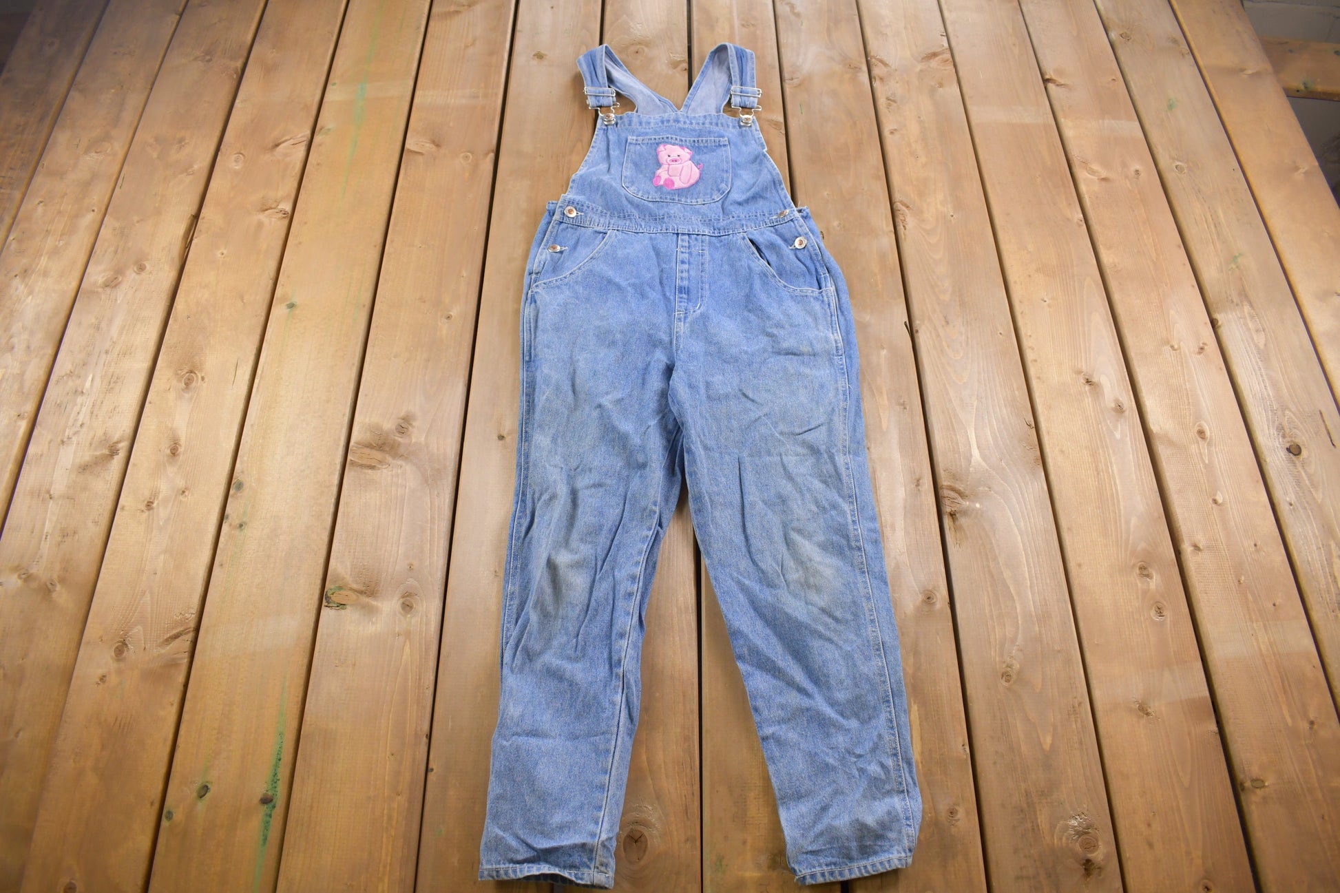 Vintage 1990s D'Mode Girls Cute Pig Denim Jean Overalls Size 30 Waist 24 Inch Inseam