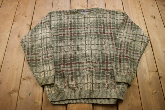 1990s Vintage Liberty Plaid Knitted Sweater / Made in USA / Vintage 90s Crewneck / Pattern Sweater / Outdoor / Pullover Sweatshirt