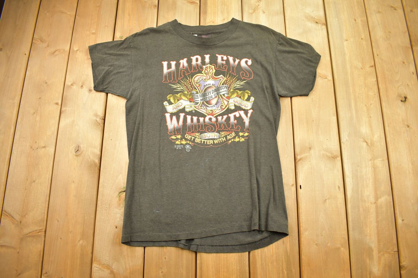 Vintage 1986 Harley Davidson Harley's Whiskey 3D Emblem T Shirt / Biker Graphic / Motorcycle / Made In USA / Single Stitch