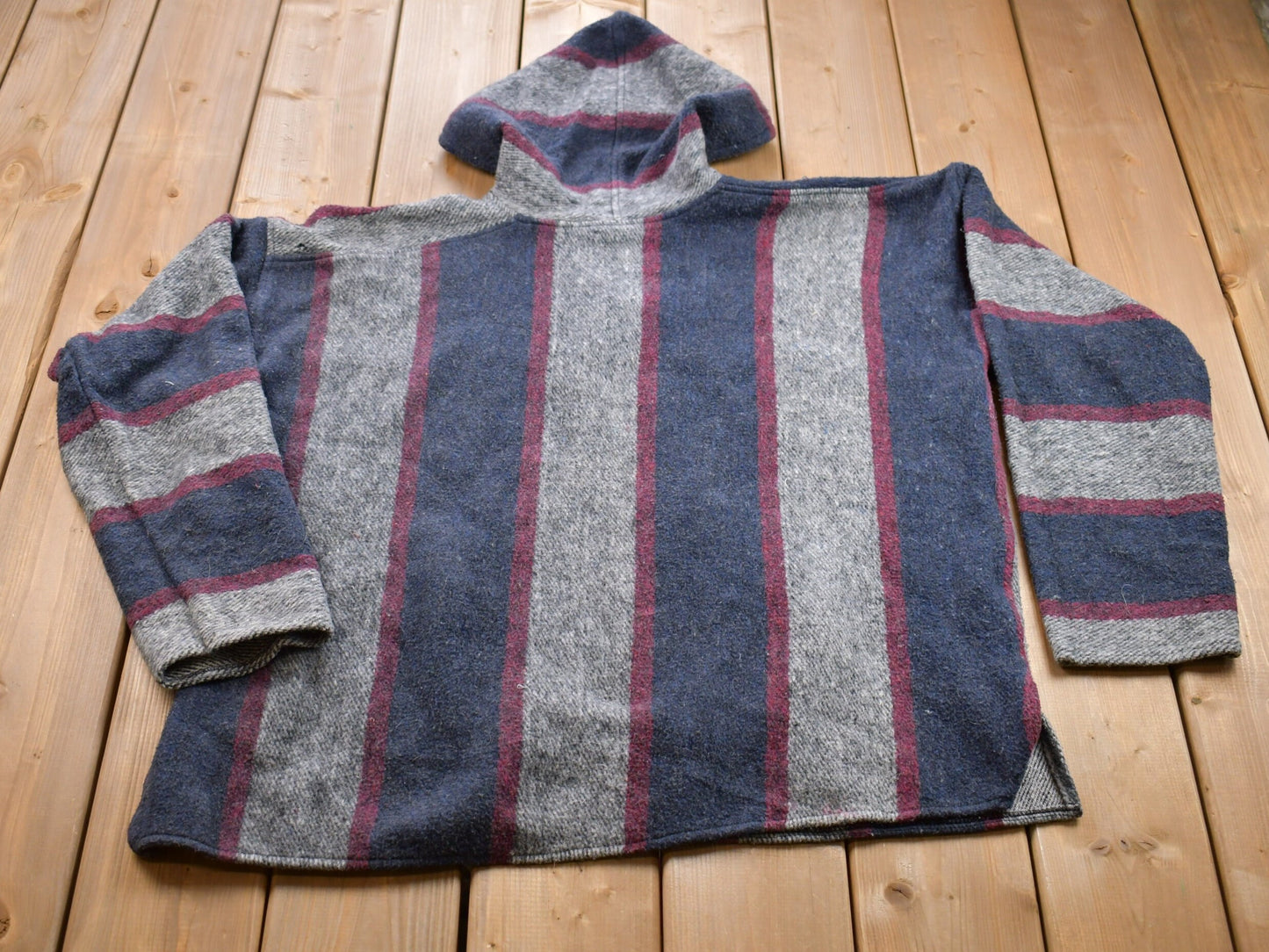 Vintage 1990s Striped Graphic Poncho Hoodie / 90s Hoodie / Vintage Sweater / 80s / 90s / Embroidered / Drug Rug / Earth Rug