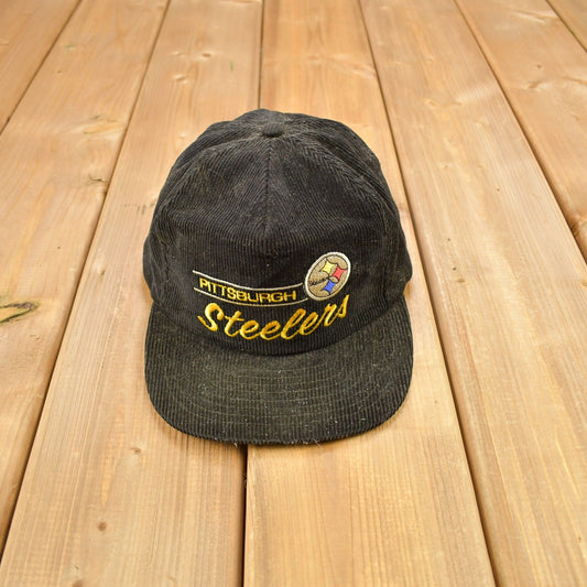 Vintage 1990s Pittsburgh Steelers Sports Specialties Single Line Script Corduroy Snap Back Hat / OSFA / 90s Snap Back / Embroidered