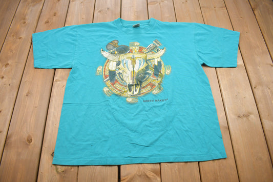 Vintage 1994 North Dakota Cow Skull Graphic T-Shirt / Streetwear / Retro Style / Single Stitch / Made In USA / 90s Graphic Tee