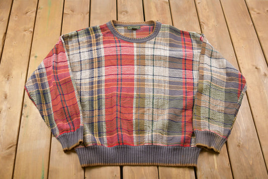 Vintage 1980s Croft & Barrow Plaid Knitted Crewneck Sweater / Vintage 80s Crewneck / All Over Pattern / Colorful / Sweatshirt / Abstract