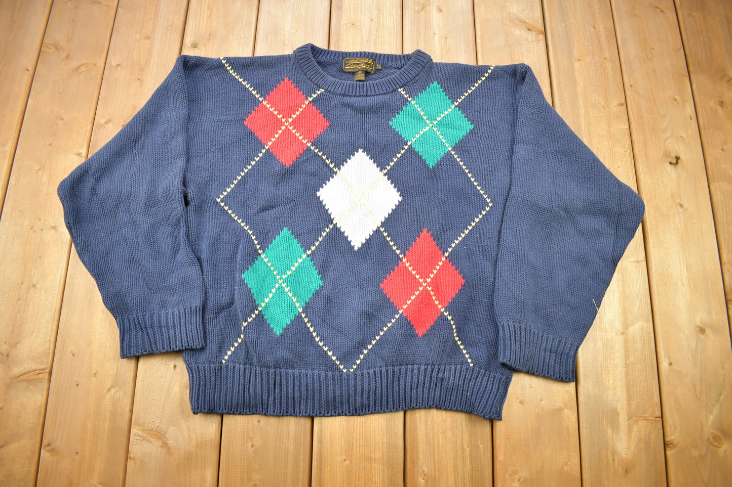 Vintage 1990s Eddie Bauer Argyle Pattern Knitted Crewneck Sweater