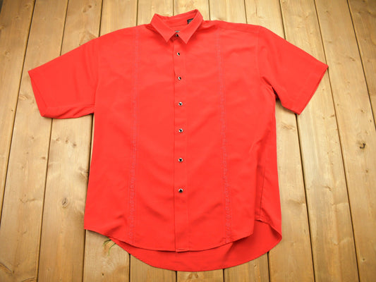 Vintage 1990s Blank Red Button Up T-Shirt / Plain / Minimal / Streetwear Fashion / Striped Print / Embroidered Scorpion Graphic