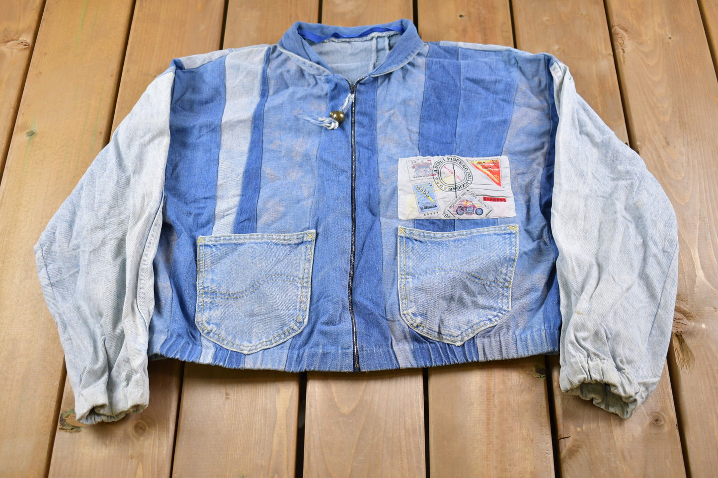 Vintage 1981 Motoring Tour Racing Striped Patchwork Denim Jean Jacket / Vintage Denim / Streetwear / Vintage Fall Outerwear / Fall Jacket