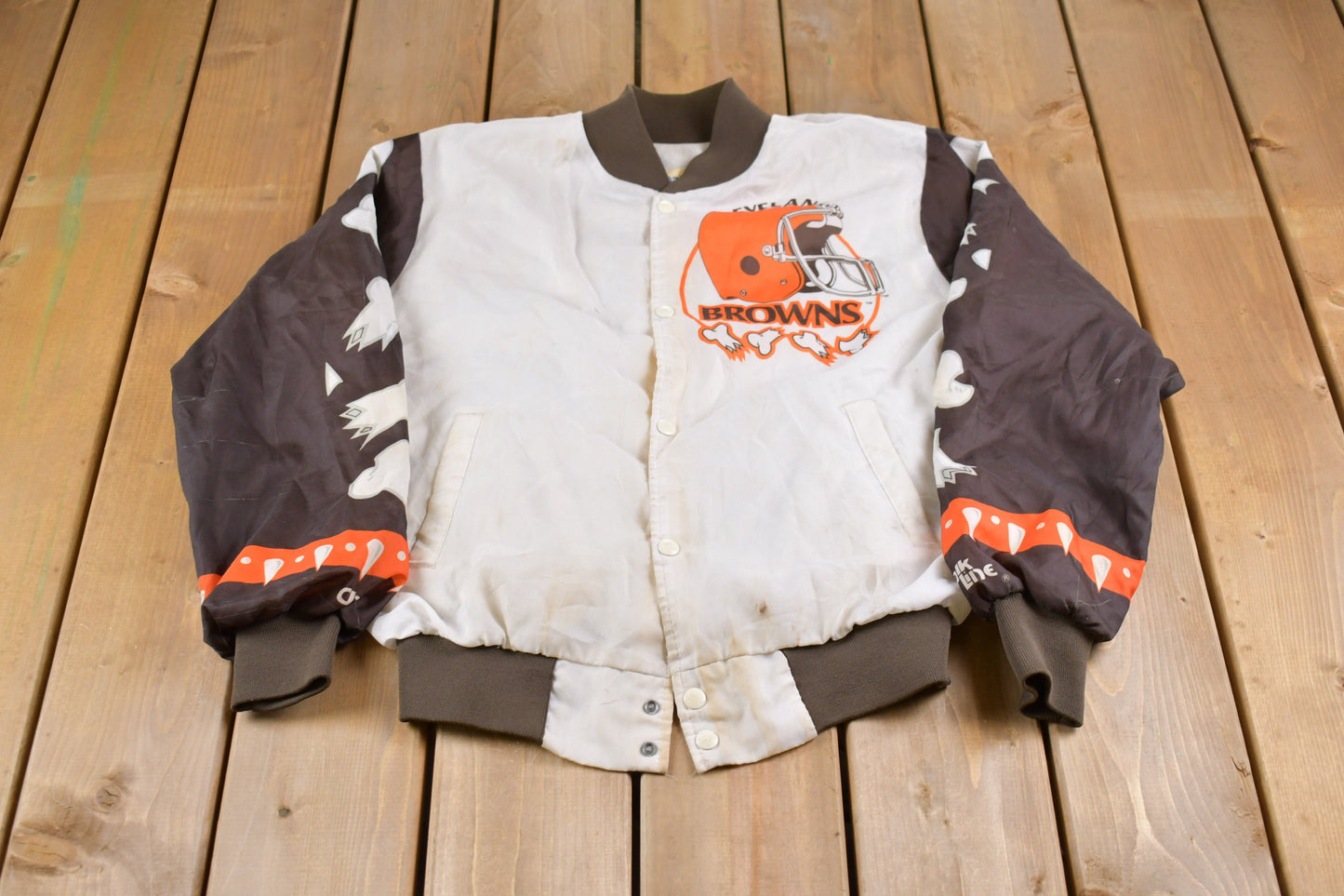 Vintage 1990s Cleveland Browns NFL Chalkline Bomber Jacket / Athleisure / Streetwear / Athletic Sportswear/ Made In USA / All Over Print